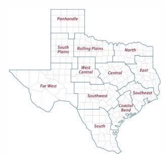 A map of the 12 Texas A&M AgriLife Extension districts.